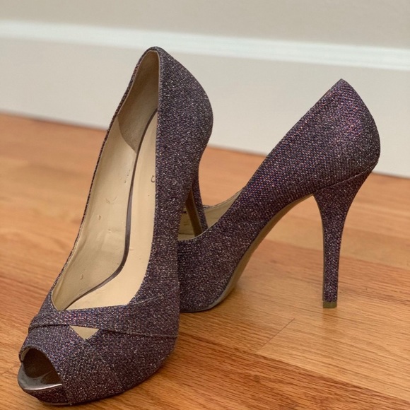 GUESS Isila Peep Toe Platform Pumps Purple Glitter Size 8 - Picture 16 of 16